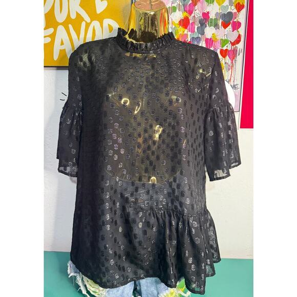 Black Sheer Polka Dot Blouse Women’s Size 12 | Ruffle Neck & Hem | - Picture 1 of 3